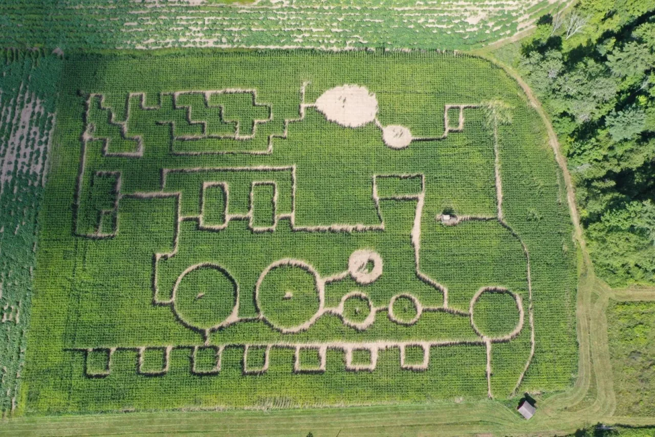 An aerial photograph of Critz Farms’ 2026 Steam Engine corn maze