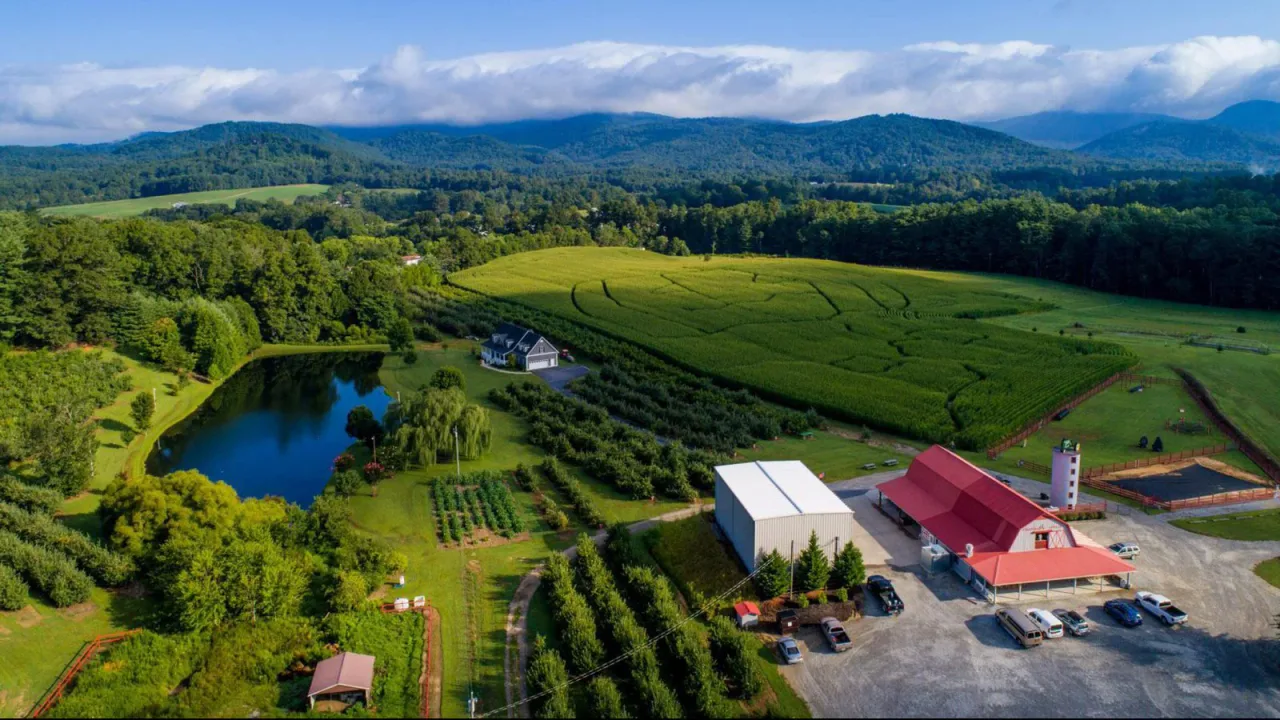 An aerial view of Grandad’s Apples orchard, farm buildings and Blue Ridge Mountains