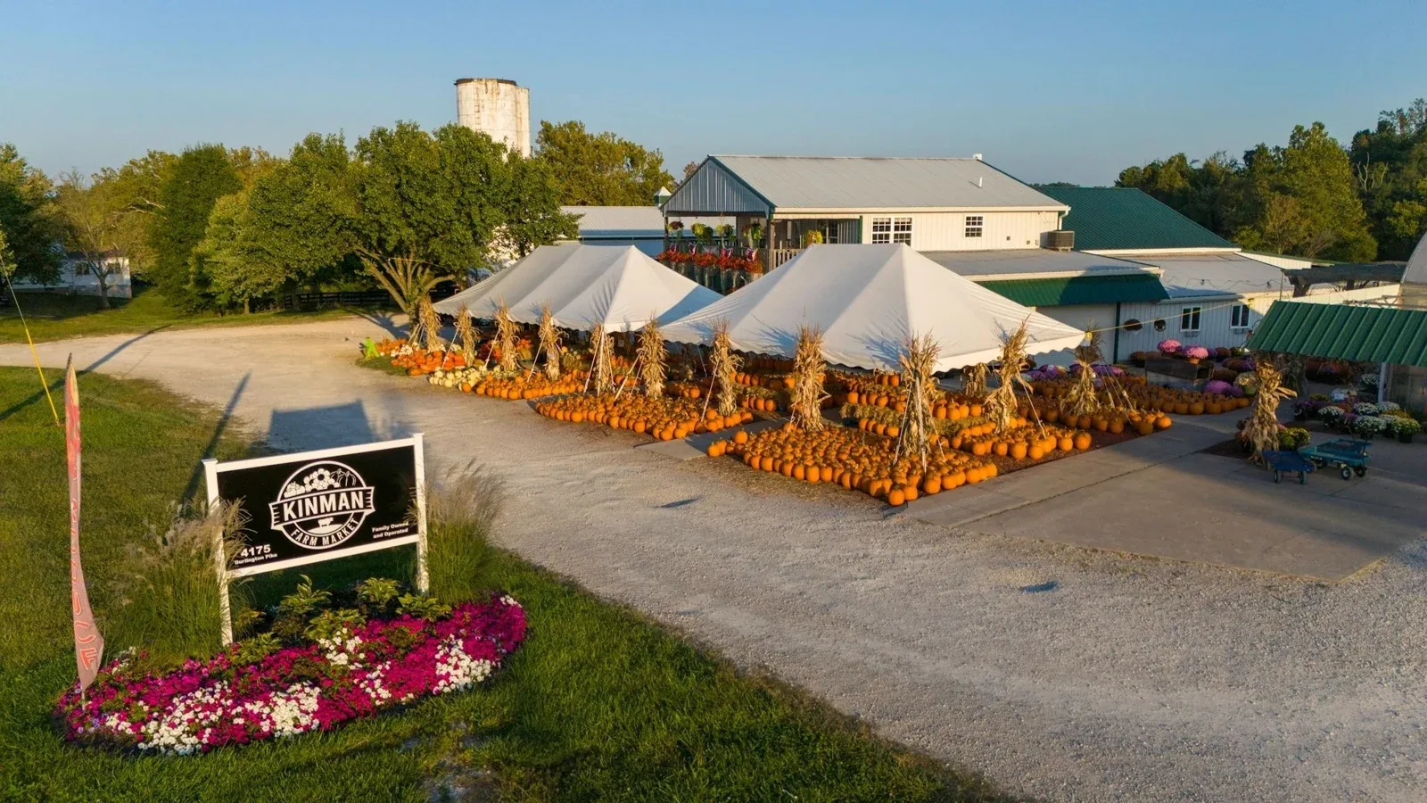 An aerial view of Kinman Farm Market’s buildings and pumpkin area