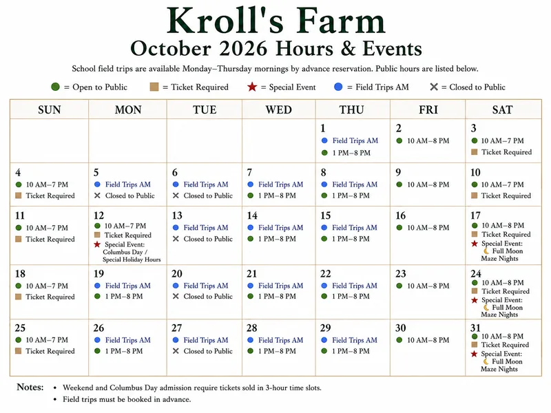 Kroll’s October 2026 calendar with date-specific public hours and school visits