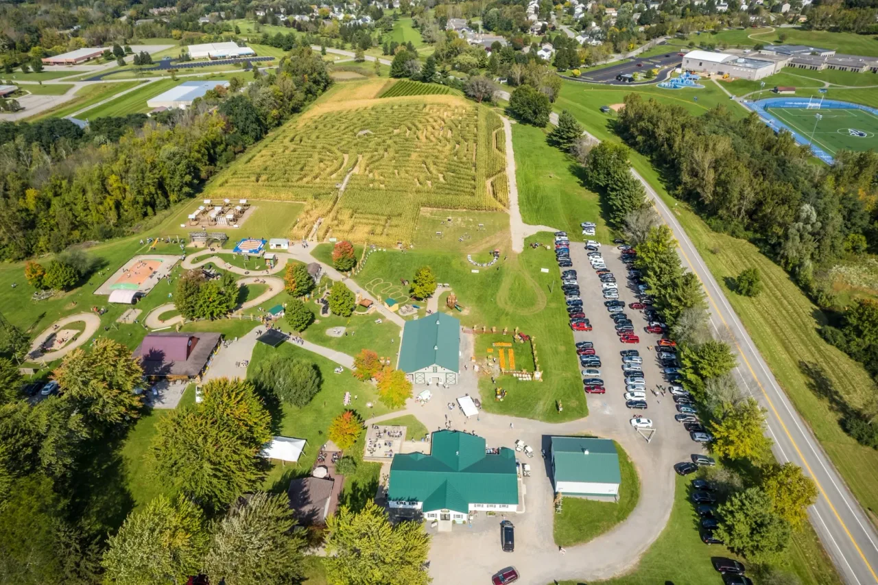 An aerial view of Long Acre Farms’ corn maze and farm activity area