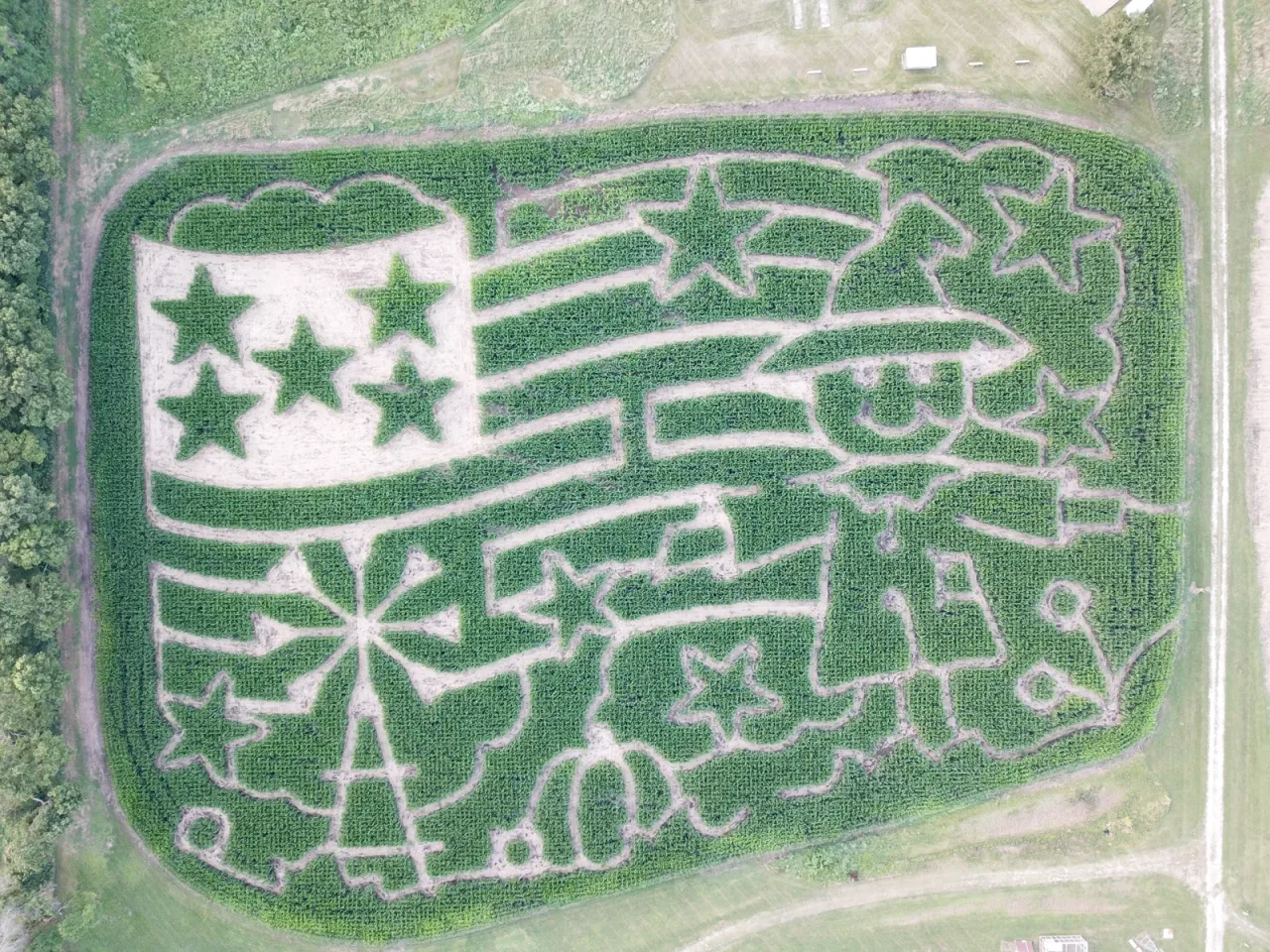 An aerial view of the corn maze at Louisburg Cider Mill