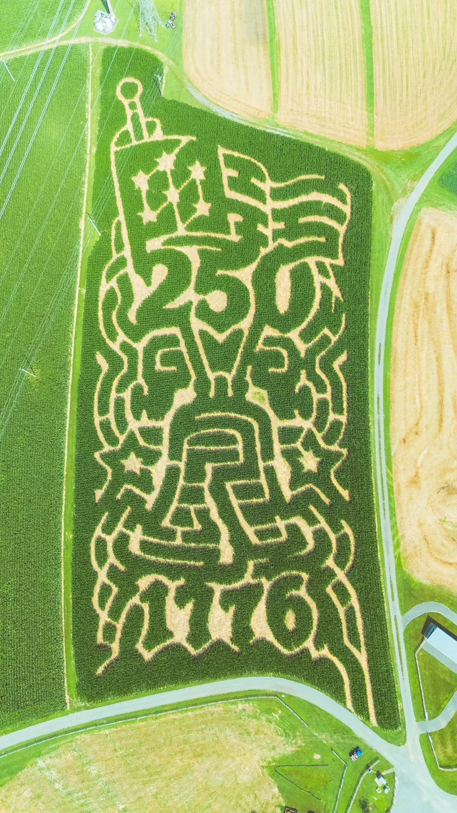 An aerial photograph of Merrymead Farm’s corn maze with a Liberty Bell and America 250 design