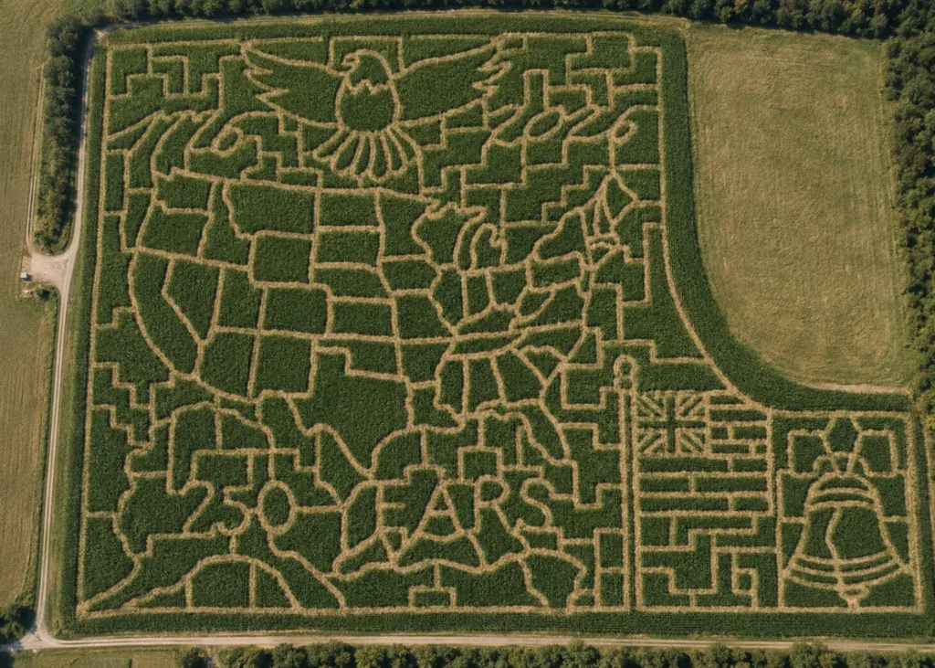 An aerial photograph of Oregon Dairy’s corn maze with America 250 lettering and patriotic designs