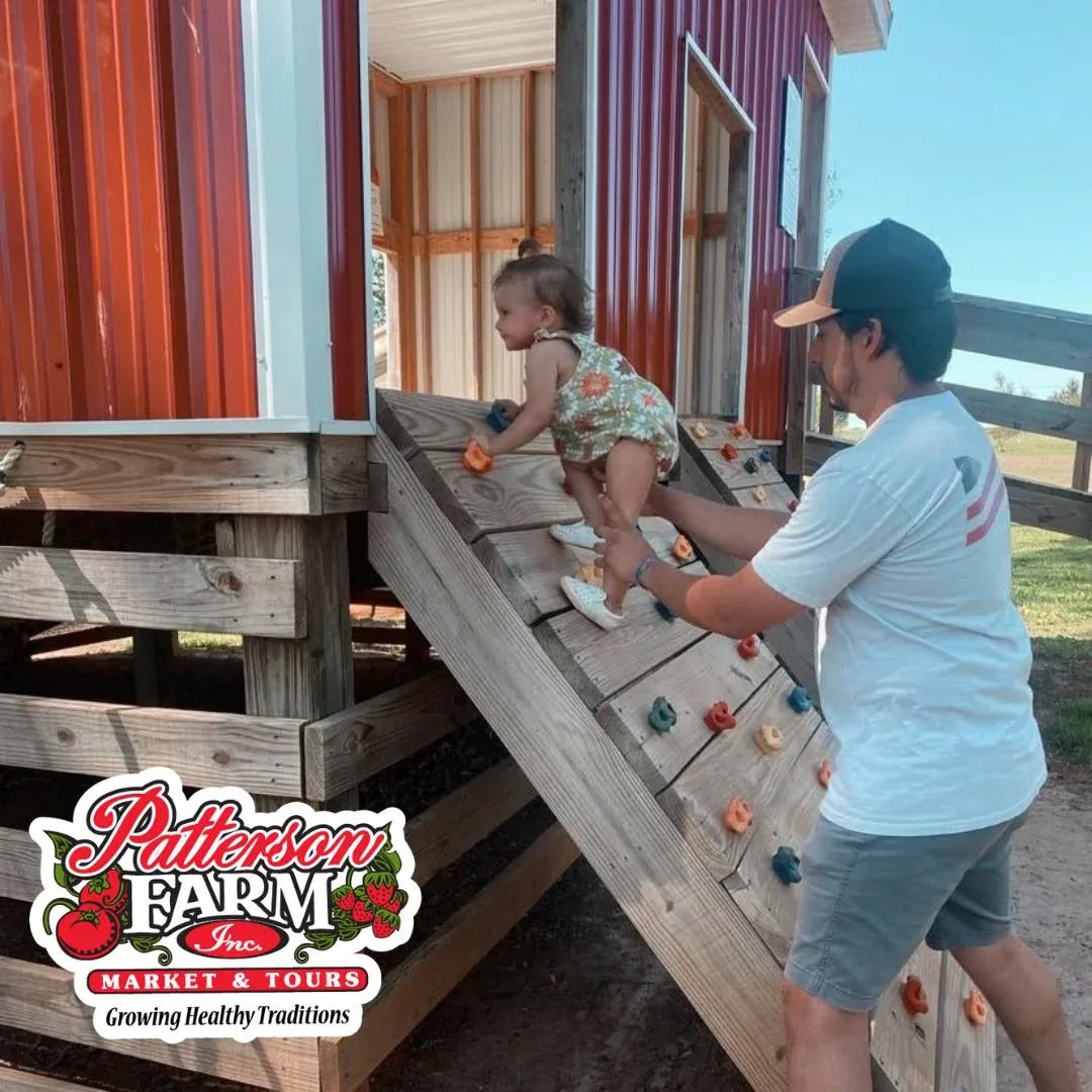 A child and adult at a wooden playground ramp at Patterson Farm