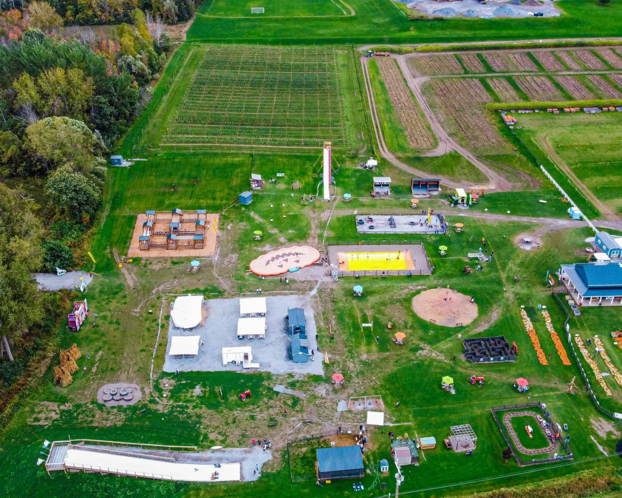 An aerial view of Pick’n Patch’s corn maze and farm activity area