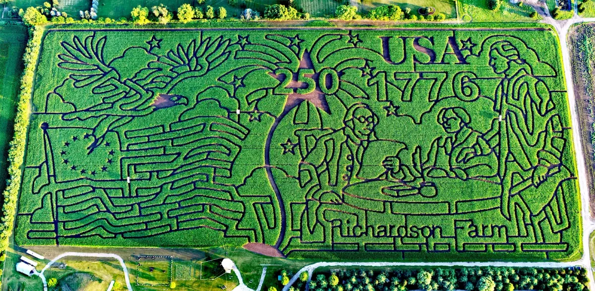 Richardson’s 2026 USA 250 corn maze, photographed from above