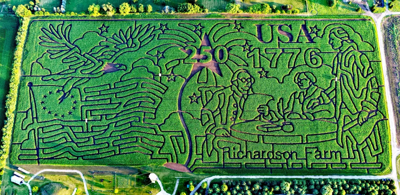 An aerial photograph of Richardson Farm’s 2026 USA 250 corn maze