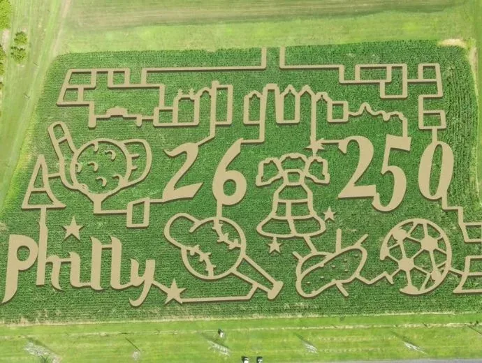 An aerial photograph of Shady Brook Farm’s Philadelphia-themed 2026 corn maze